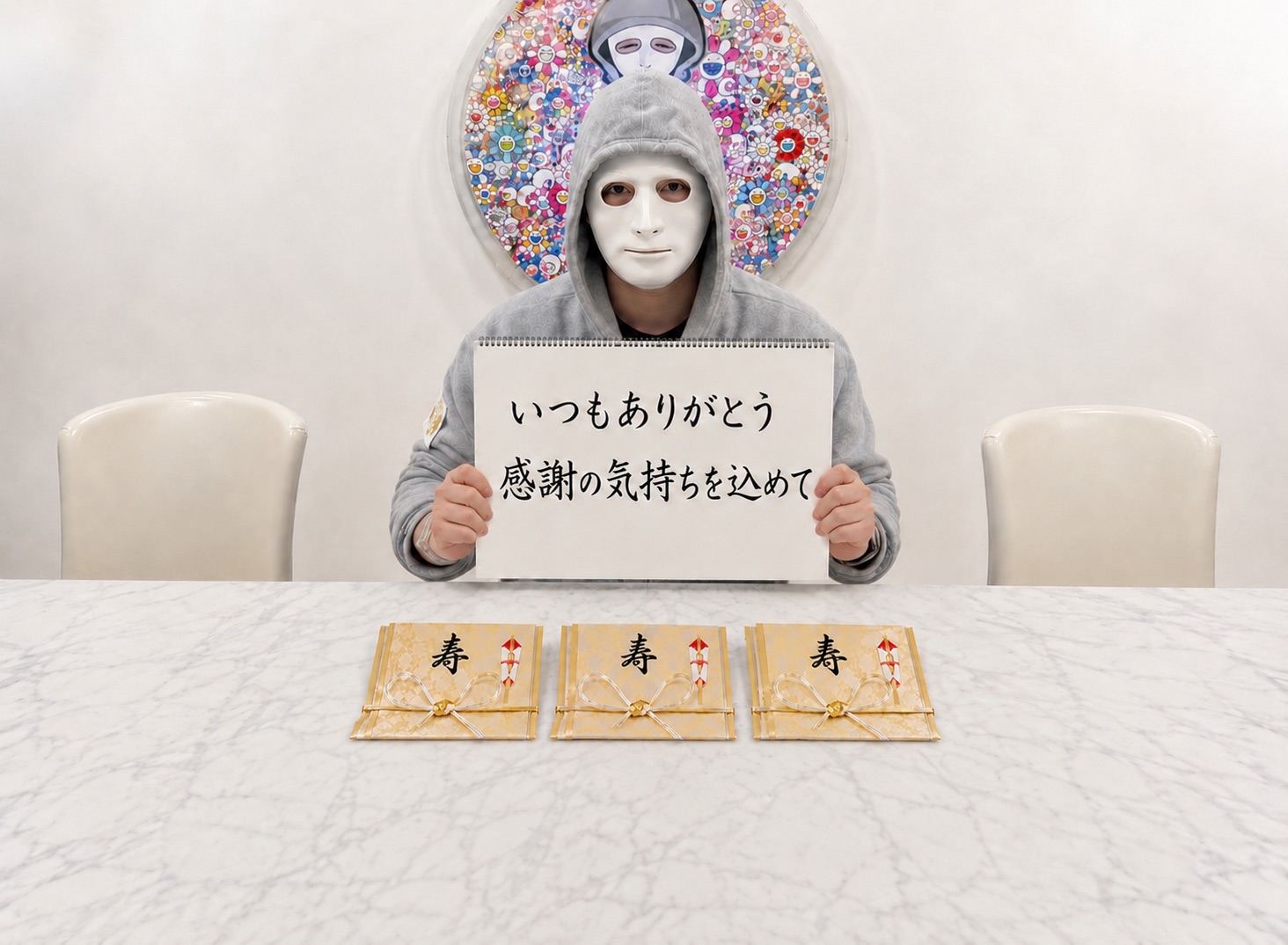 感謝のメッセージを掲げる公式マスコットのラファエル